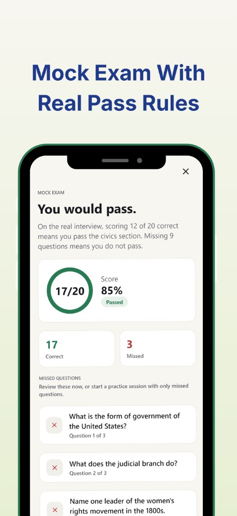 USCIS Citizenship Test Prep mock exam results screen showing a passing score and missed questions to review.