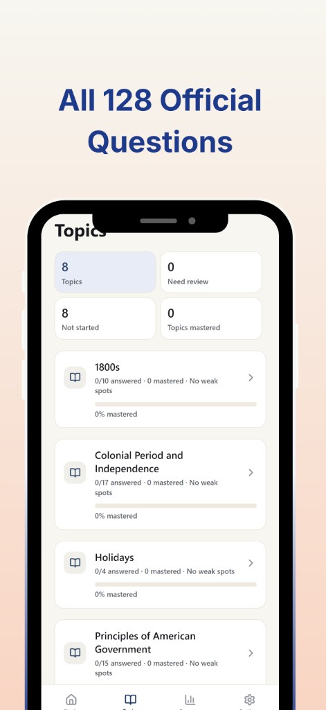 USCIS Citizenship Test Prep topics screen showing organized USCIS civics question categories and progress.