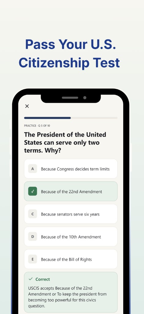 USCIS Citizenship Test Prep practice screen showing a civics question with a correct answer selected.