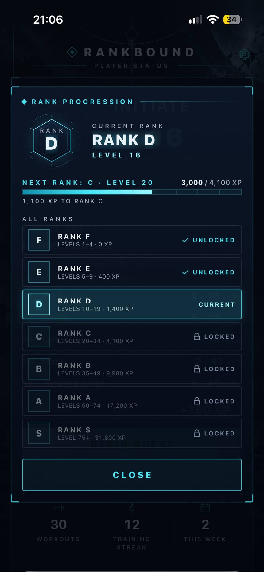 Rankbound rank progression screen listing ranks F through S with level ranges and XP requirements, Rank D highlighted as current.