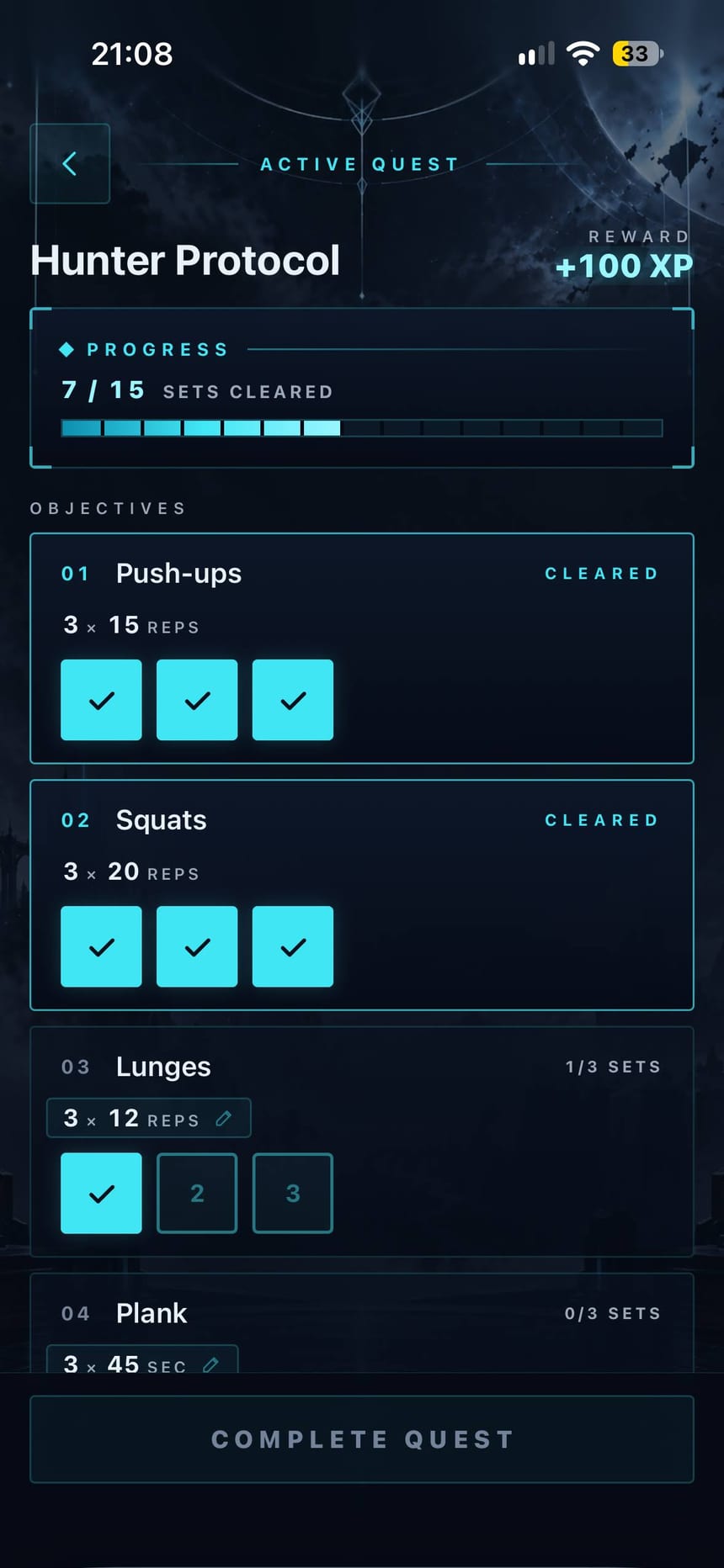 Rankbound active quest screen with push-ups and squats cleared and 7 of 15 sets complete.
