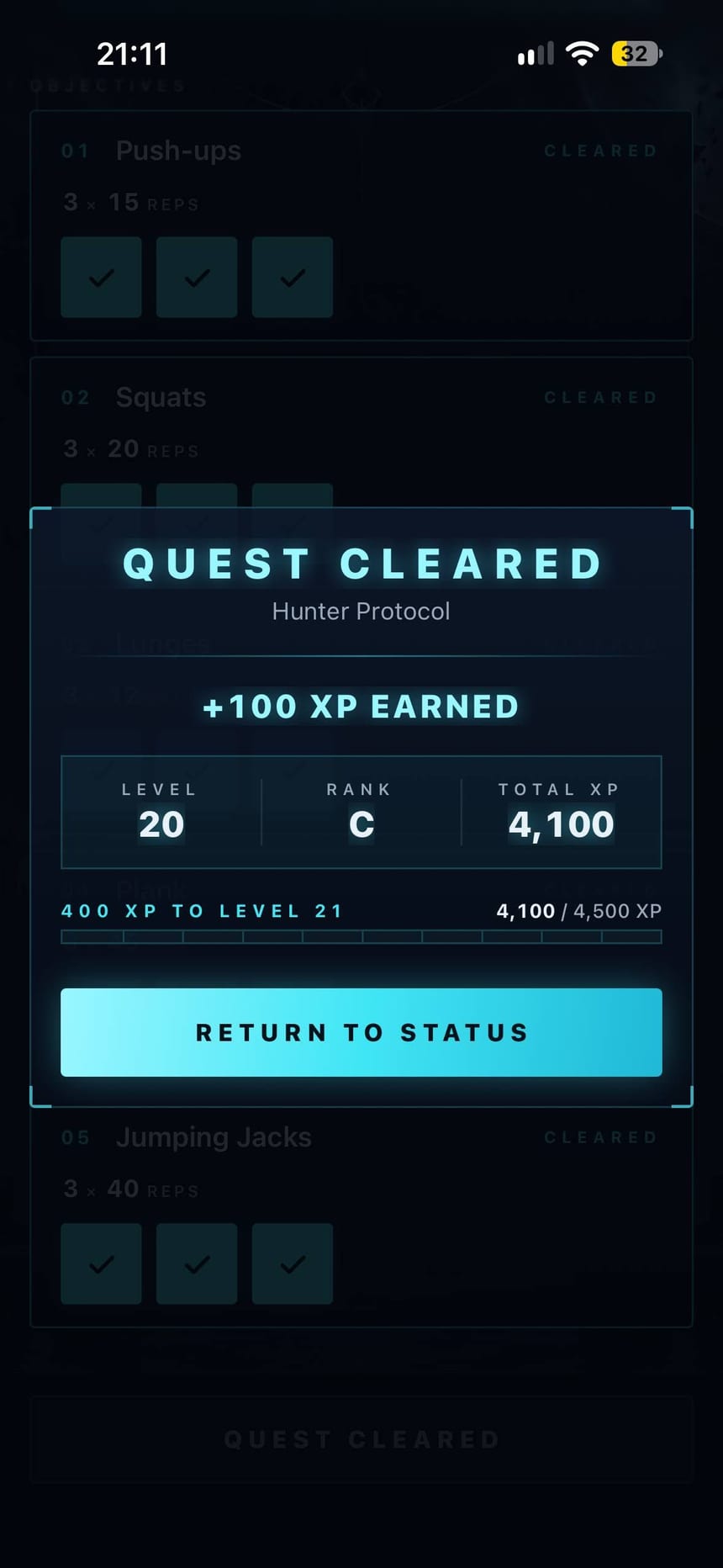 Rankbound quest cleared screen showing +100 XP earned, level 20, Rank C, and 4,100 total XP.