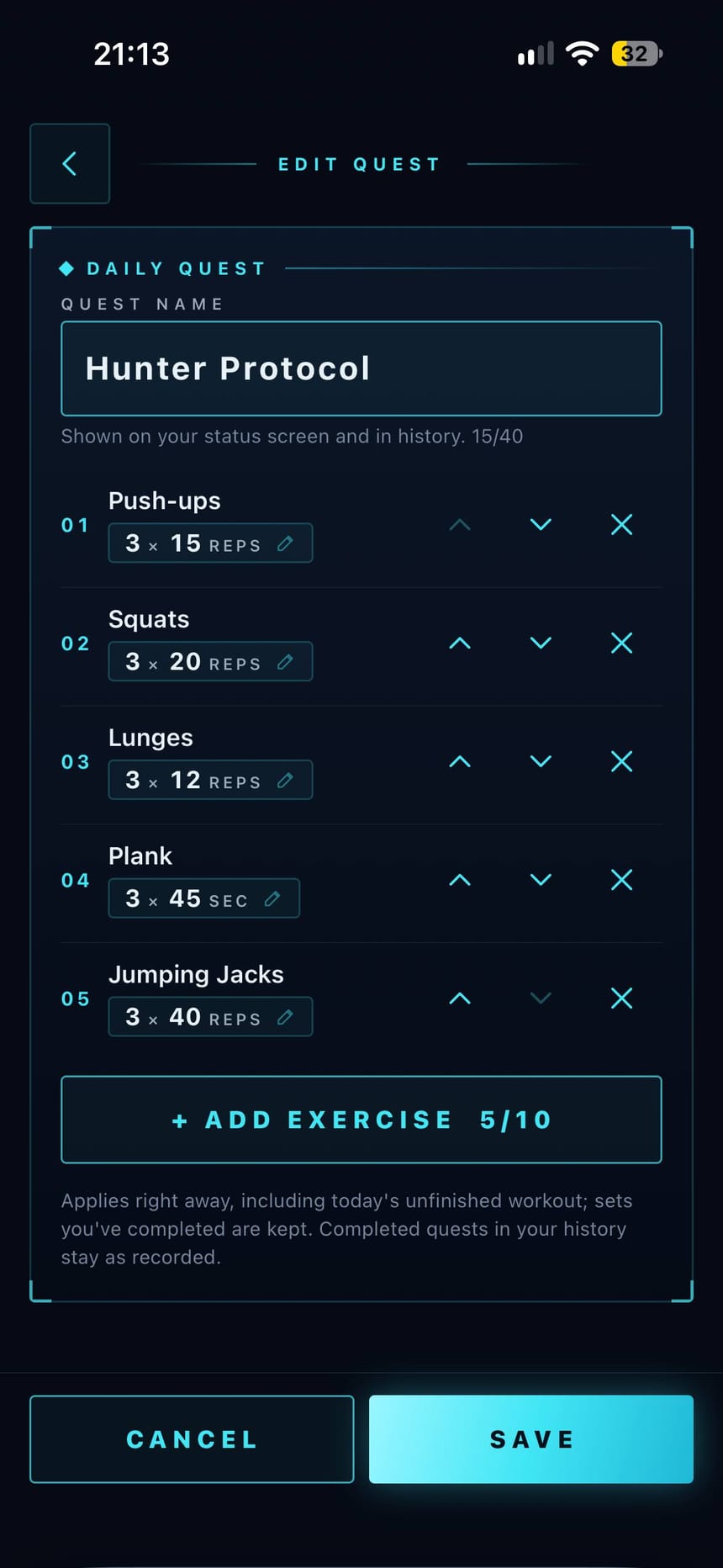 Rankbound edit quest screen with a custom quest named Hunter Protocol and five exercises with sets and reps.