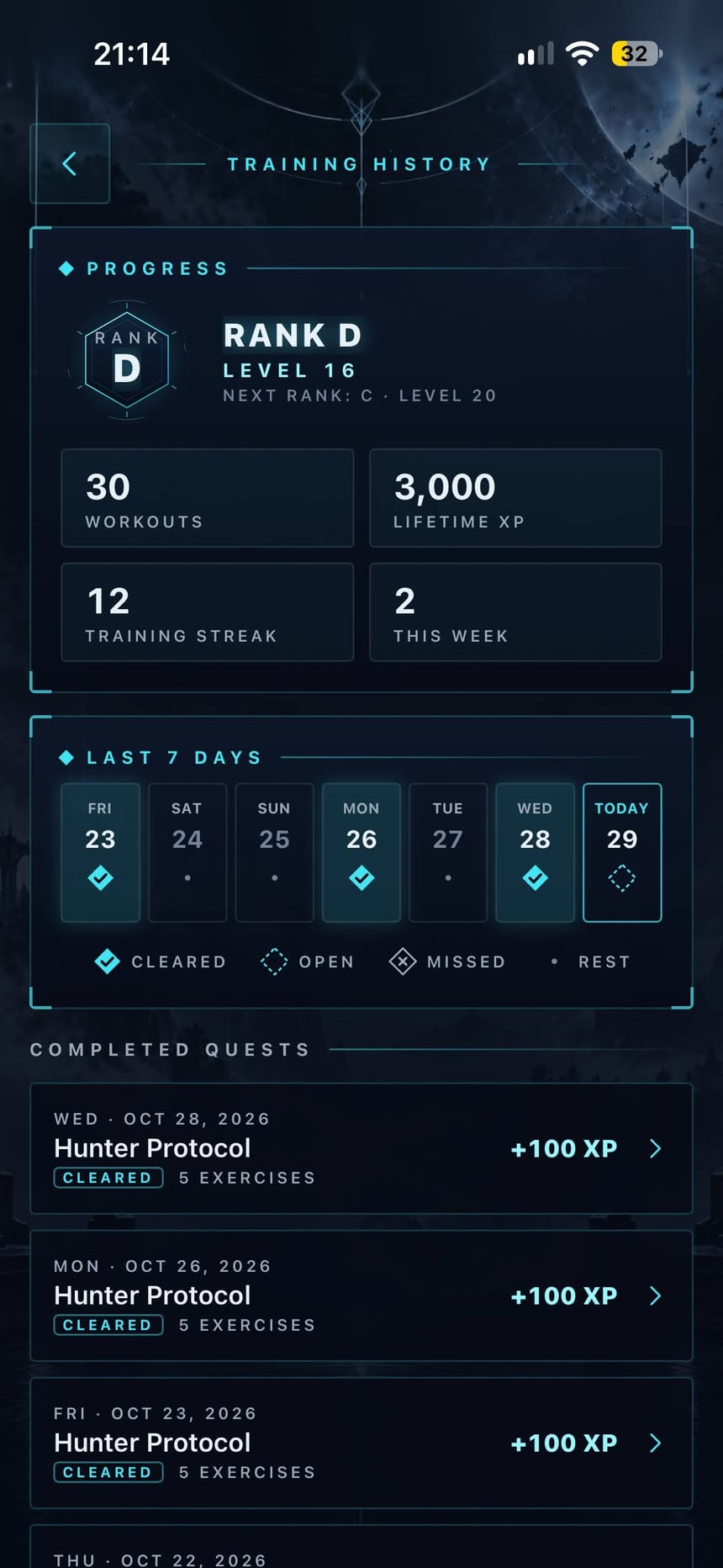 Rankbound training history with 30 workouts, 3,000 lifetime XP, a 12-day training streak, and a last-7-days calendar of cleared and rest days.