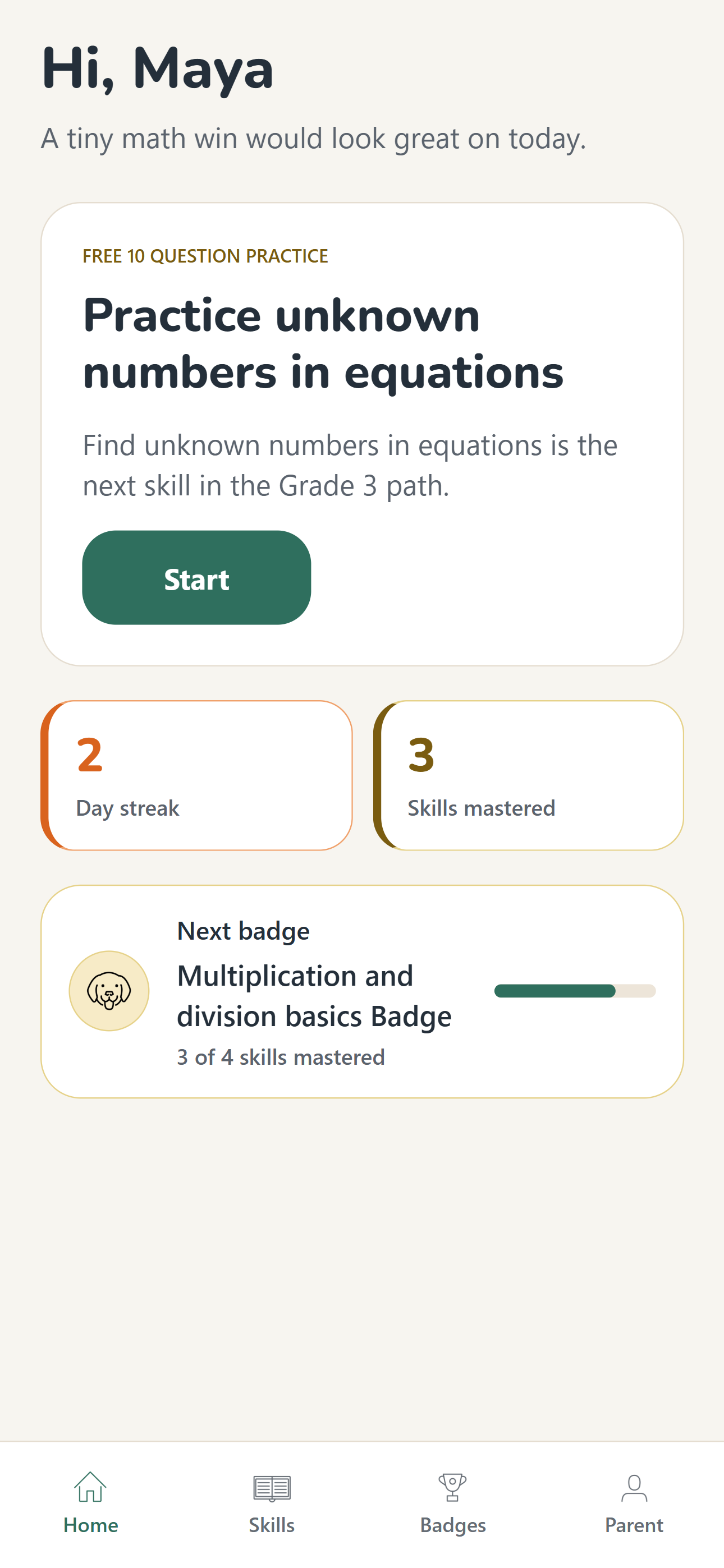 Sierra Math home screen showing a short daily streak and a badge close to unlocking.
