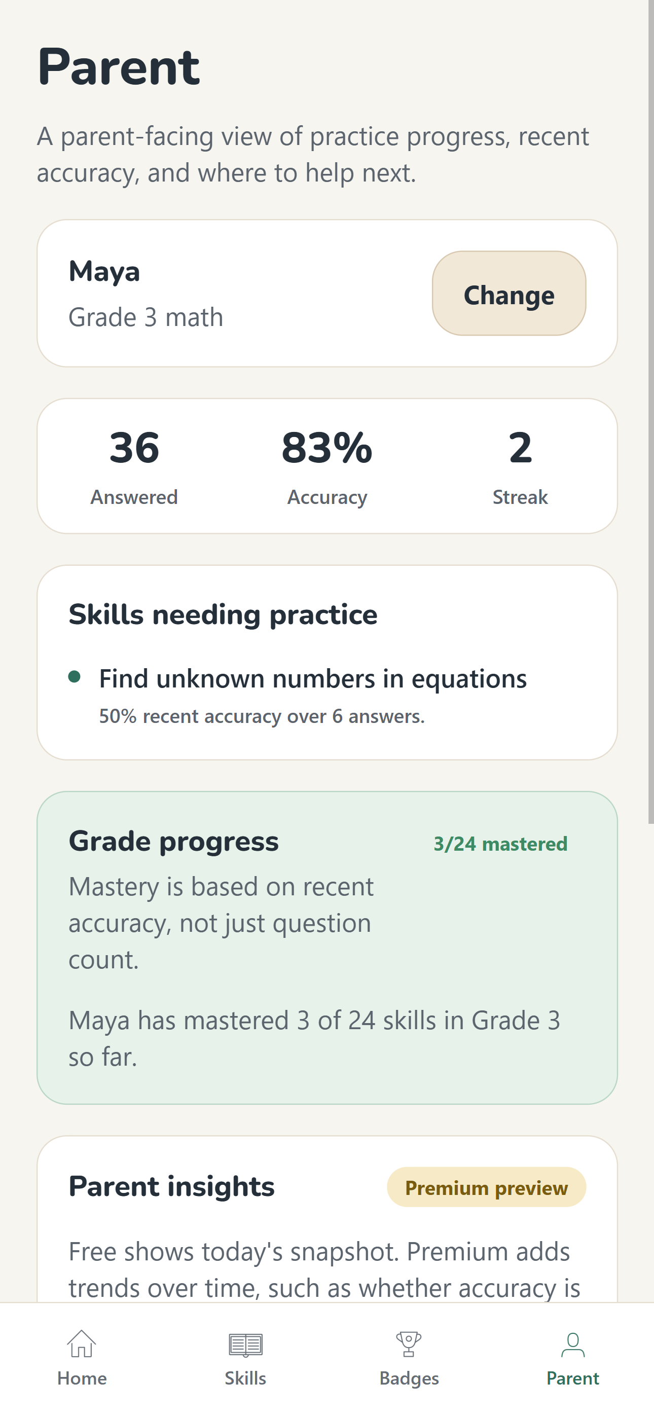 Sierra Math parent overview showing questions answered, accuracy, streak, and skills needing practice.
