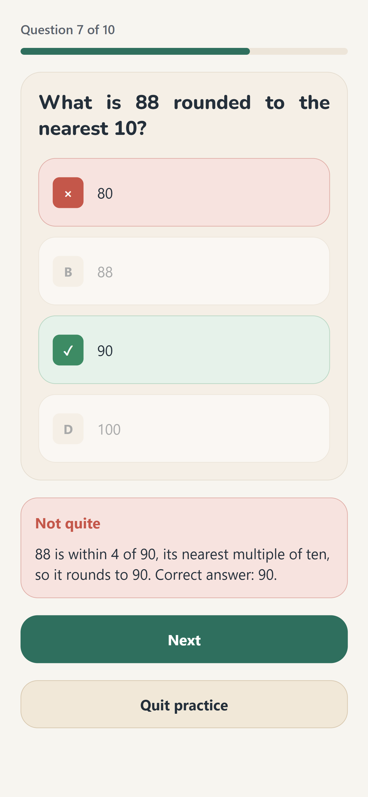 Sierra Math feedback card showing the correct answer highlighted with a plain-language explanation.