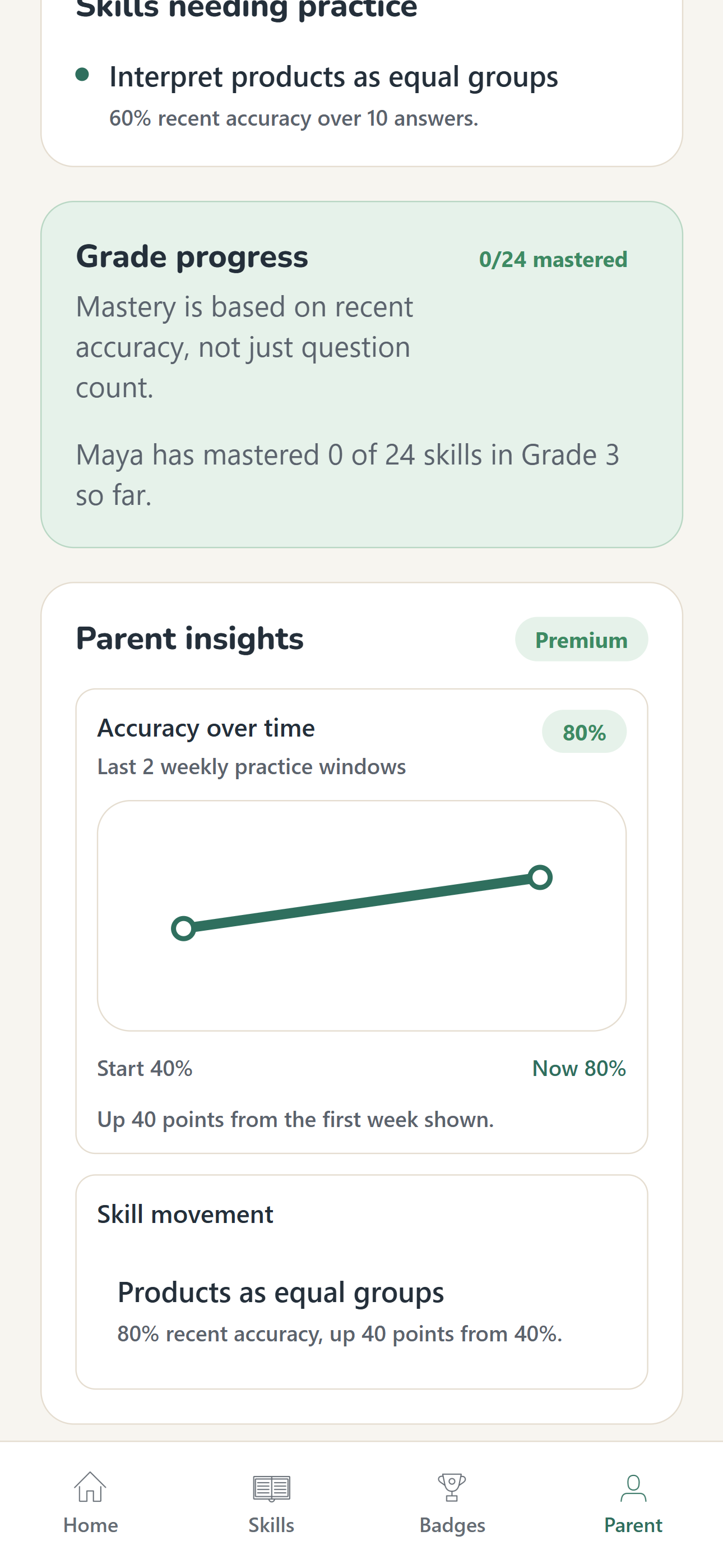 Sierra Math accuracy trend chart showing improvement over time alongside recent skill movement.