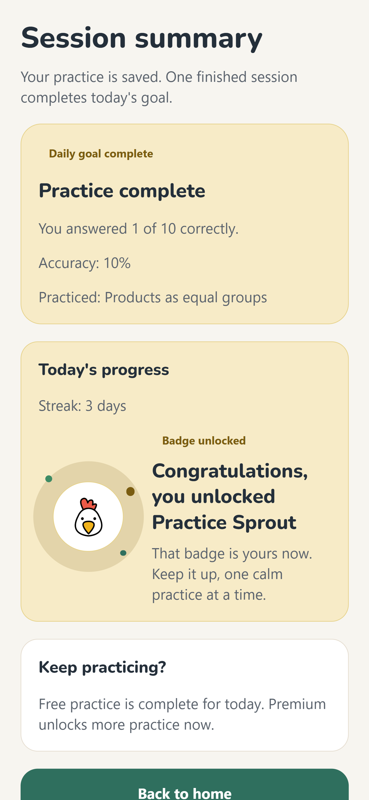 Sierra Math badge-unlocked celebration screen shown right after finishing a practice session.