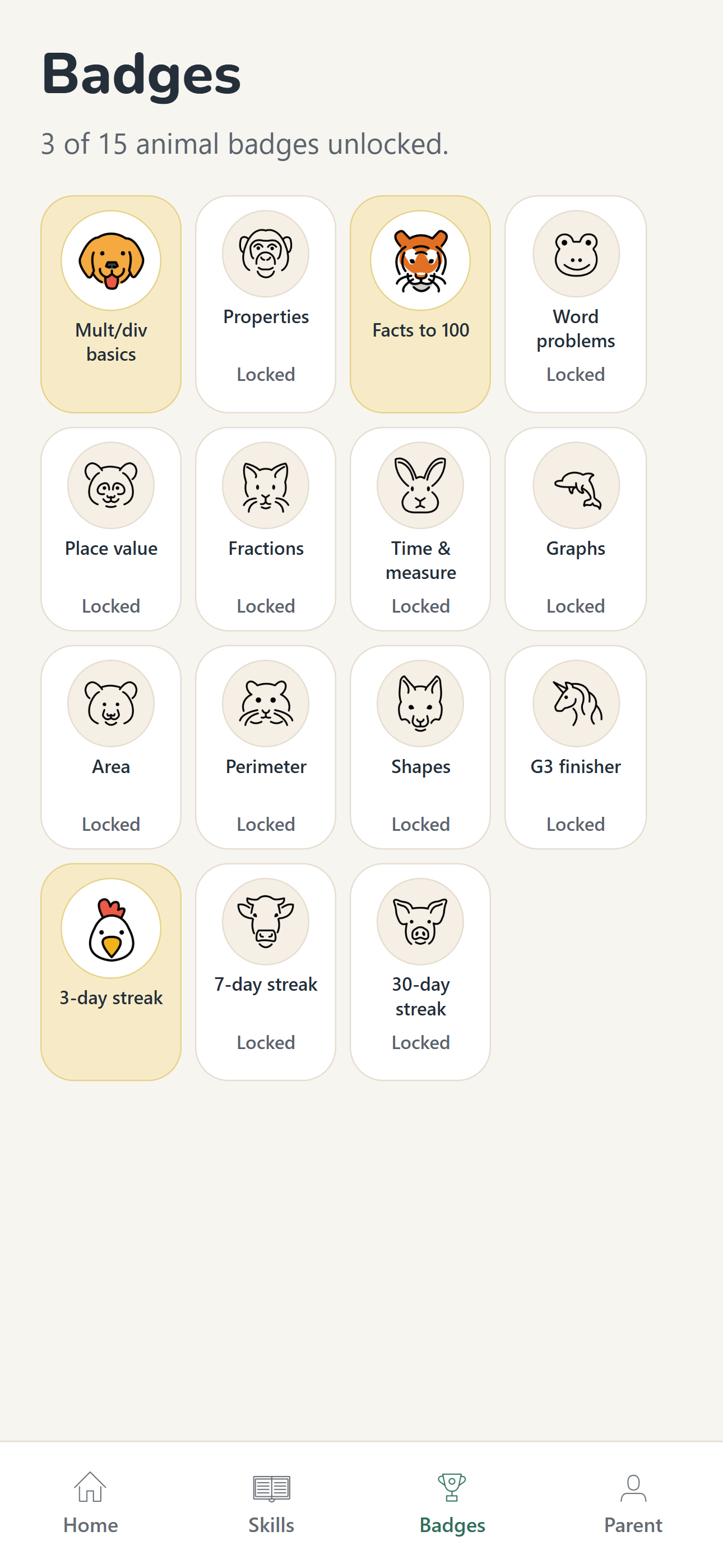 Sierra Math badge collection showing a mix of unlocked and locked animal badges.