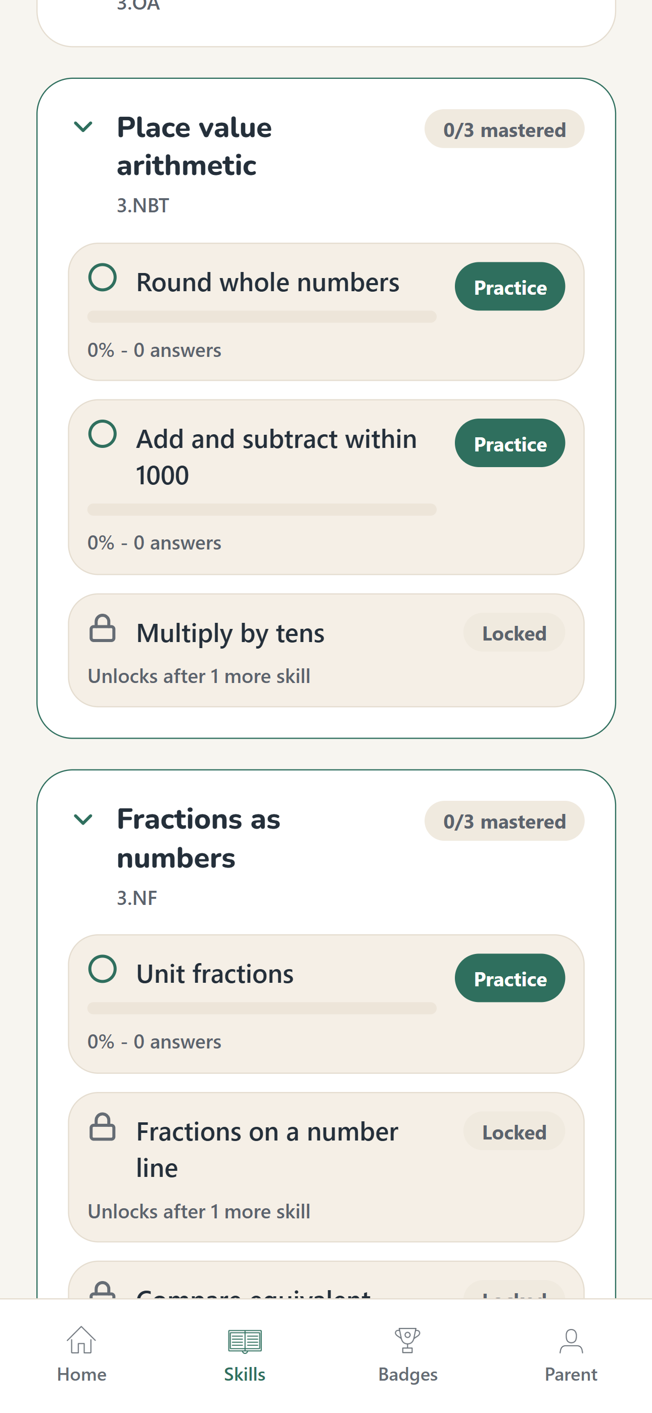 Sierra Math practice screen highlighting no ads, no login, and full offline support.