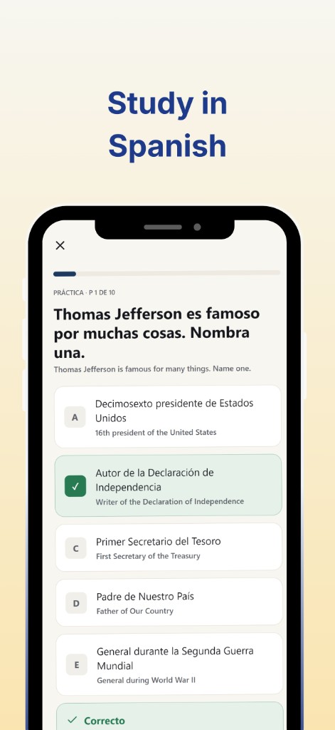 USCIS Citizenship Test Prep Spanish study screen showing a civics question in Spanish with English wording below.
