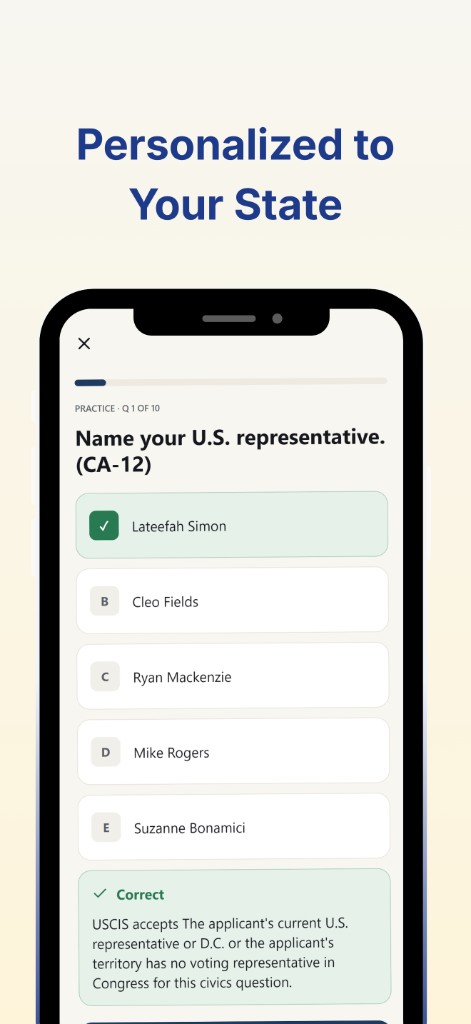 USCIS Citizenship Test Prep practice screen showing a state-specific representative question for California district 12.